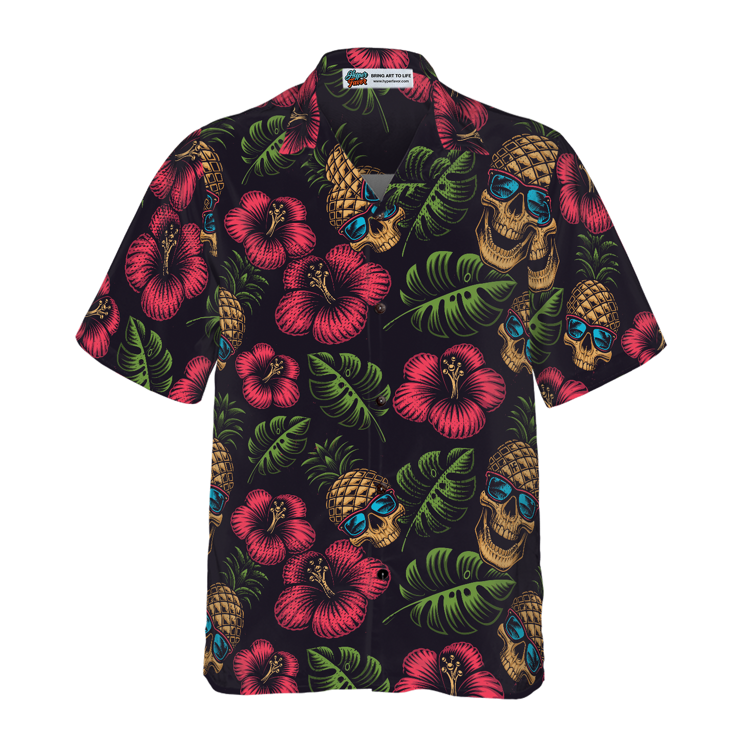 Pineapple Skull Tropical Flowers Black Hawaiian Shirt