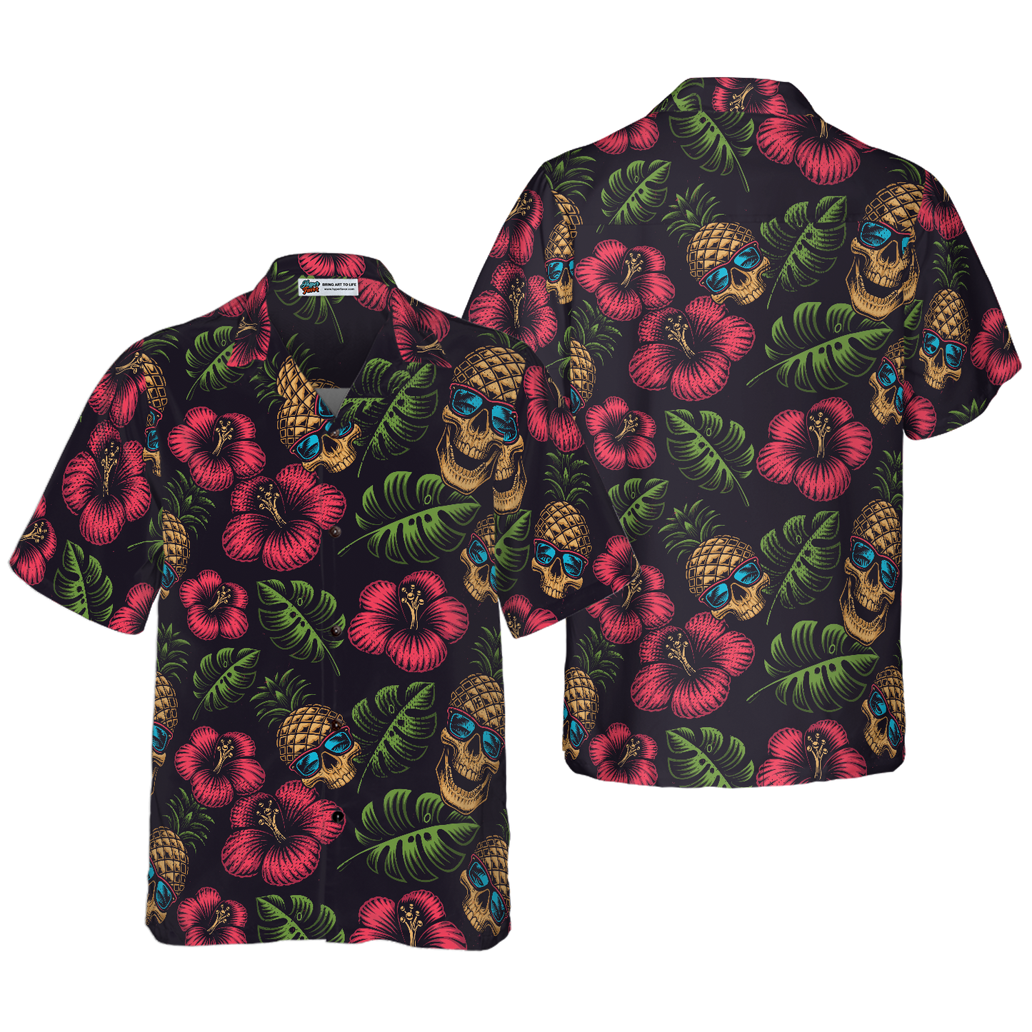 Pineapple Skull Tropical Flowers Black Hawaiian Shirt