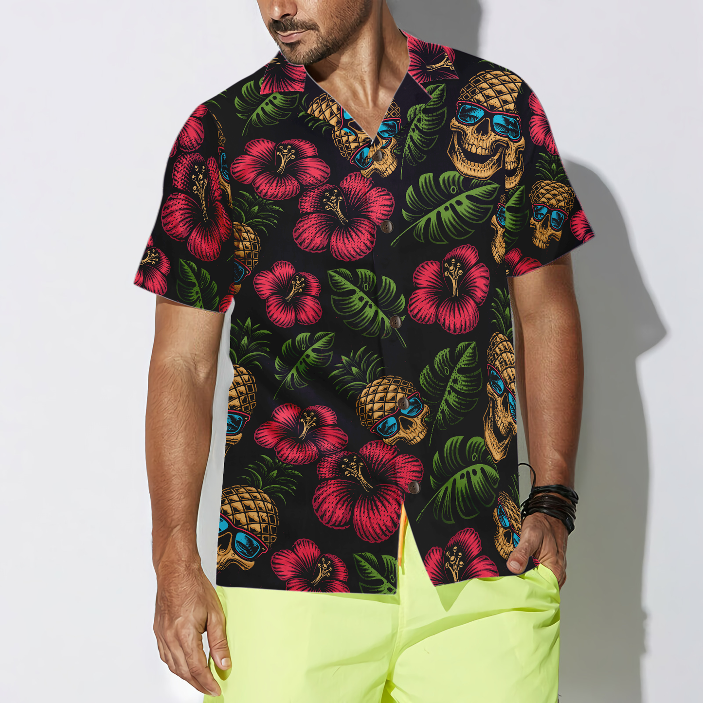 Pineapple Skull Tropical Flowers Black Hawaiian Shirt