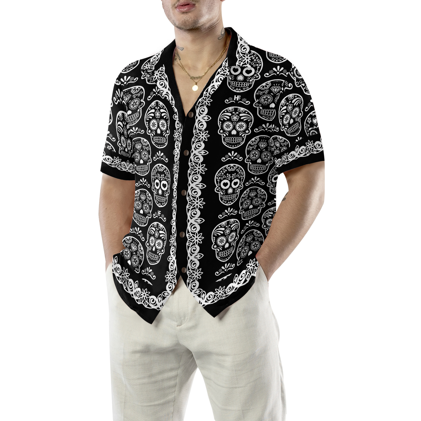 Mexican Sugar Skull On Black Hawaiian Shirt
