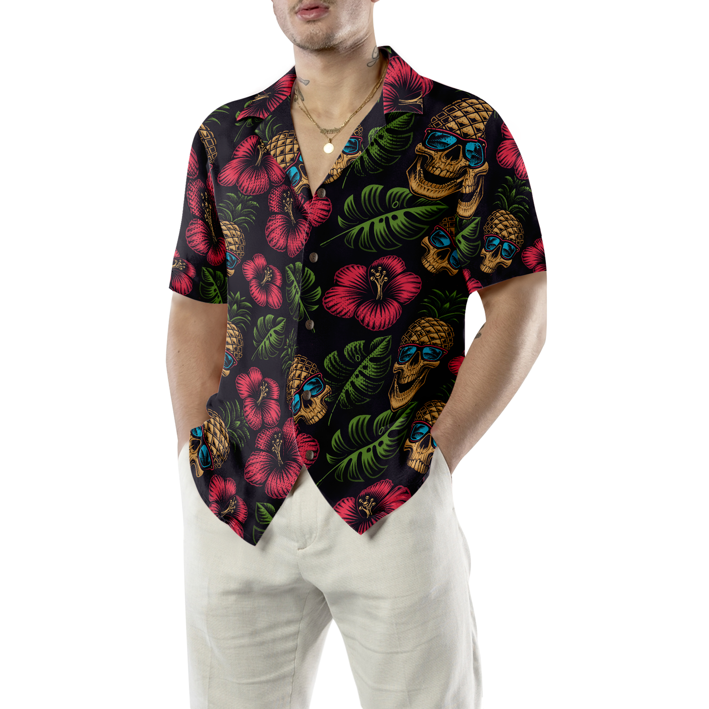 Pineapple Skull Tropical Flowers Black Hawaiian Shirt