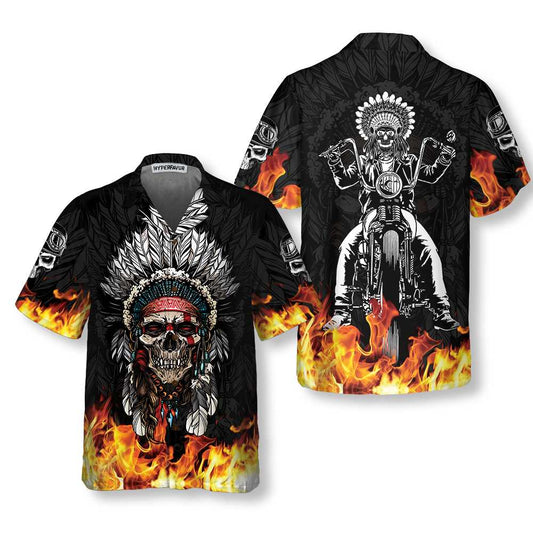 Racing Indian Skull Fire Hawaiian Shirt, Flame Skull Biker Shirt, Unique Native American Shirt