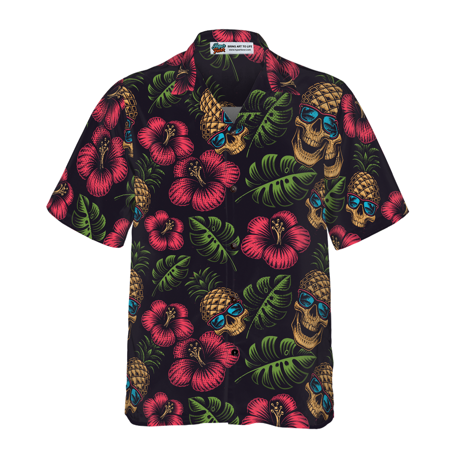 Pineapple Skull Tropical Flowers Black Hawaiian Shirt