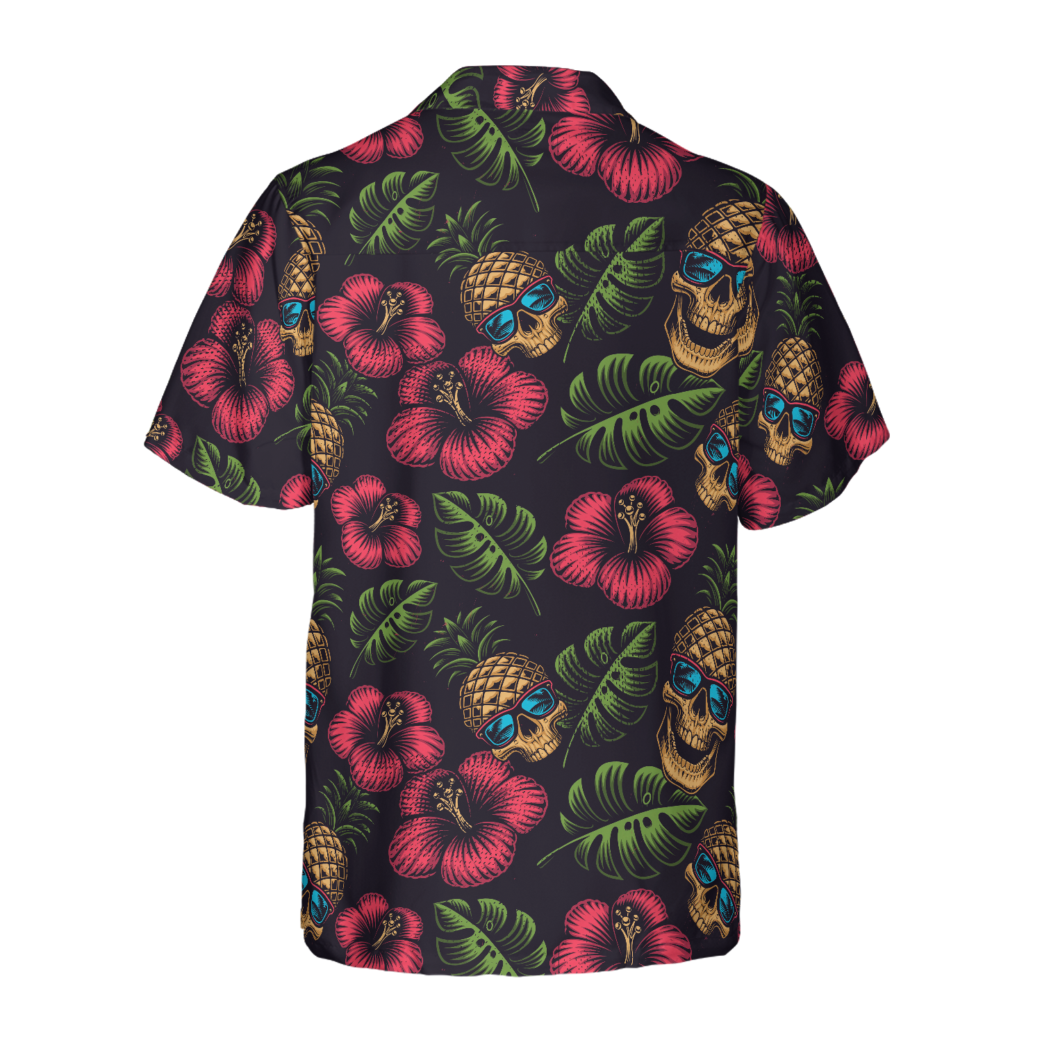 Pineapple Skull Tropical Flowers Black Hawaiian Shirt
