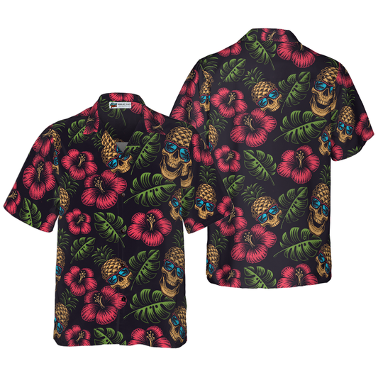 Pineapple Skull Tropical Flowers Black Hawaiian Shirt