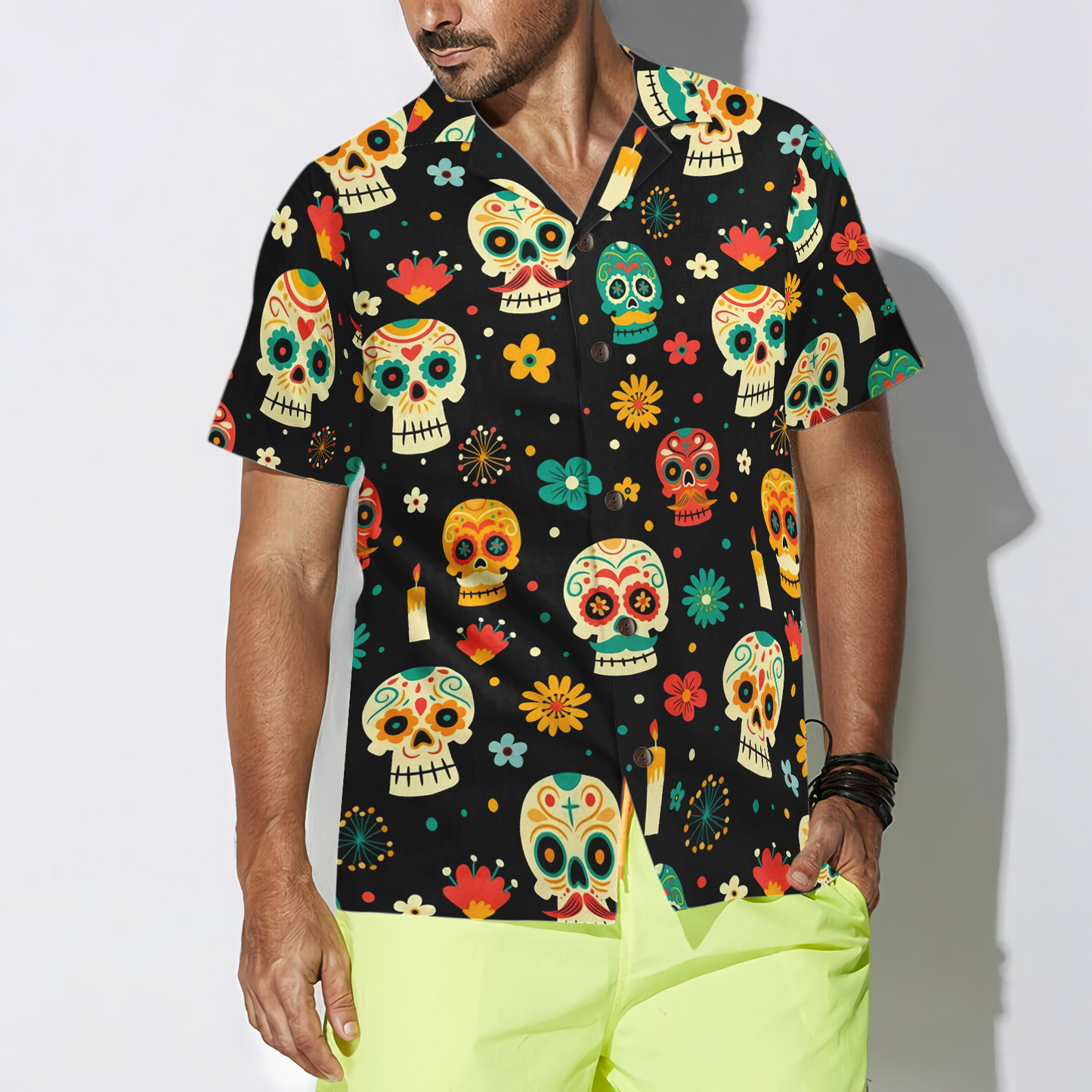 Skull Day Of The Dead Pattern Flower Hawaiian Shirt