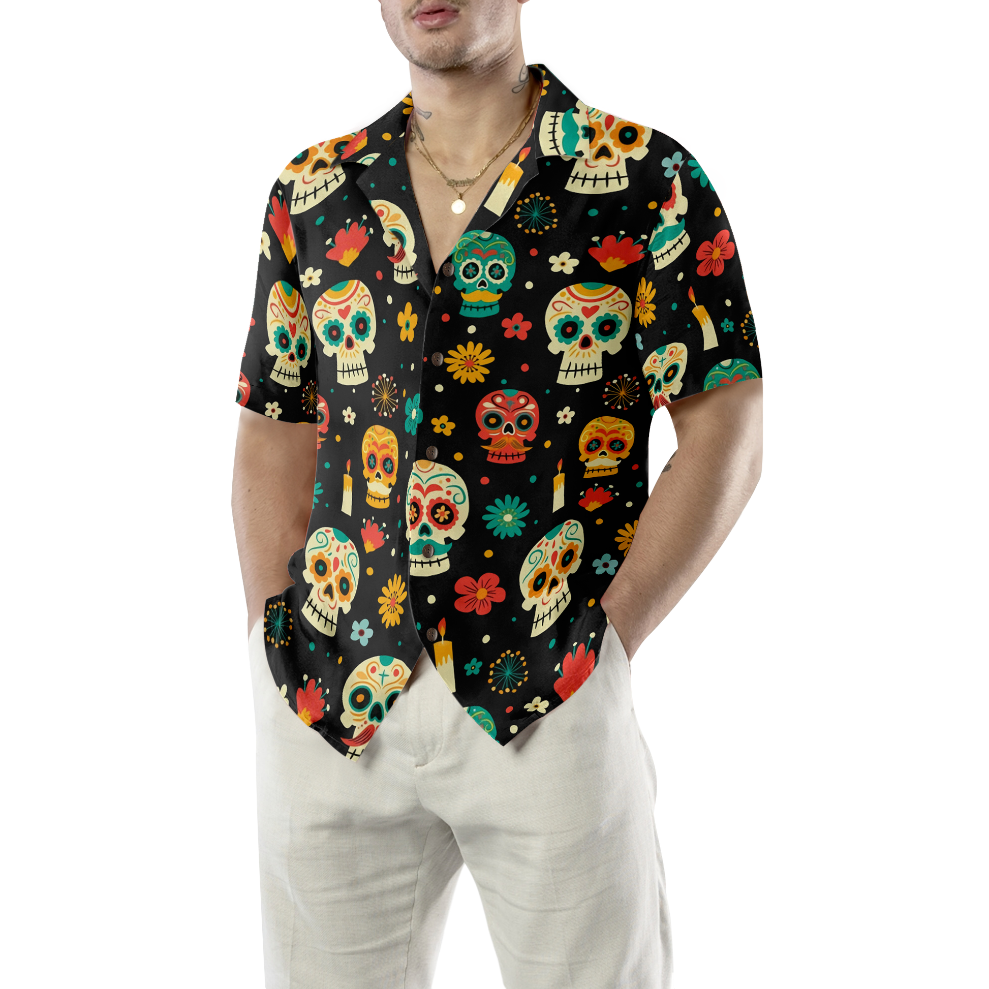 Skull Day Of The Dead Pattern Flower Hawaiian Shirt
